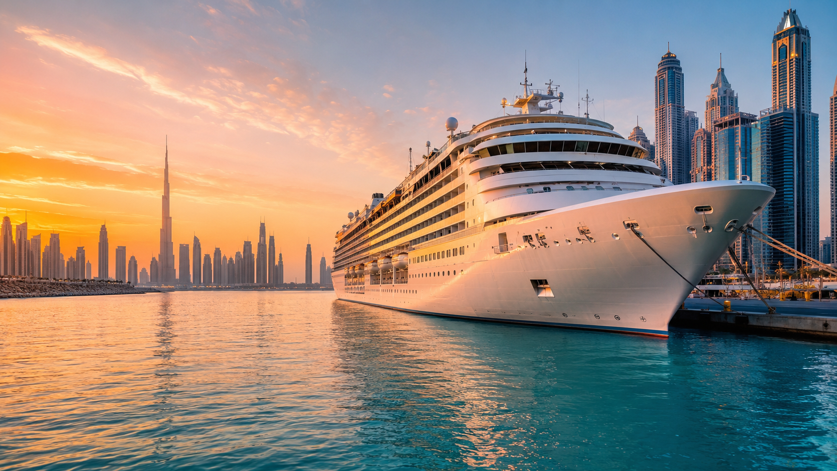 Paquebot de croisière amarré à Dubaï avec le Burj Khalifa au coucher de soleil